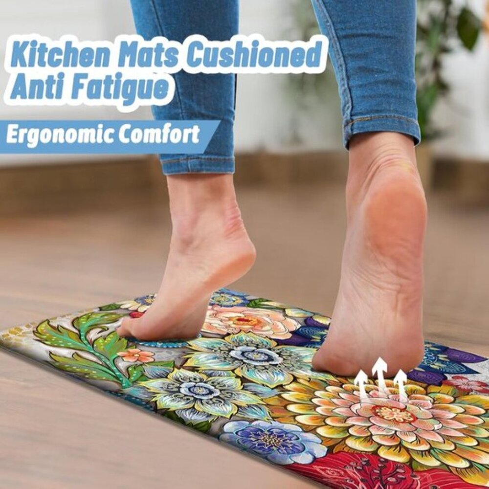 New 2PCS Floral Kitchen Rugs, Non-Slip Cushioned Anti-Fatigue Floor Mats - Picture 3 of 8